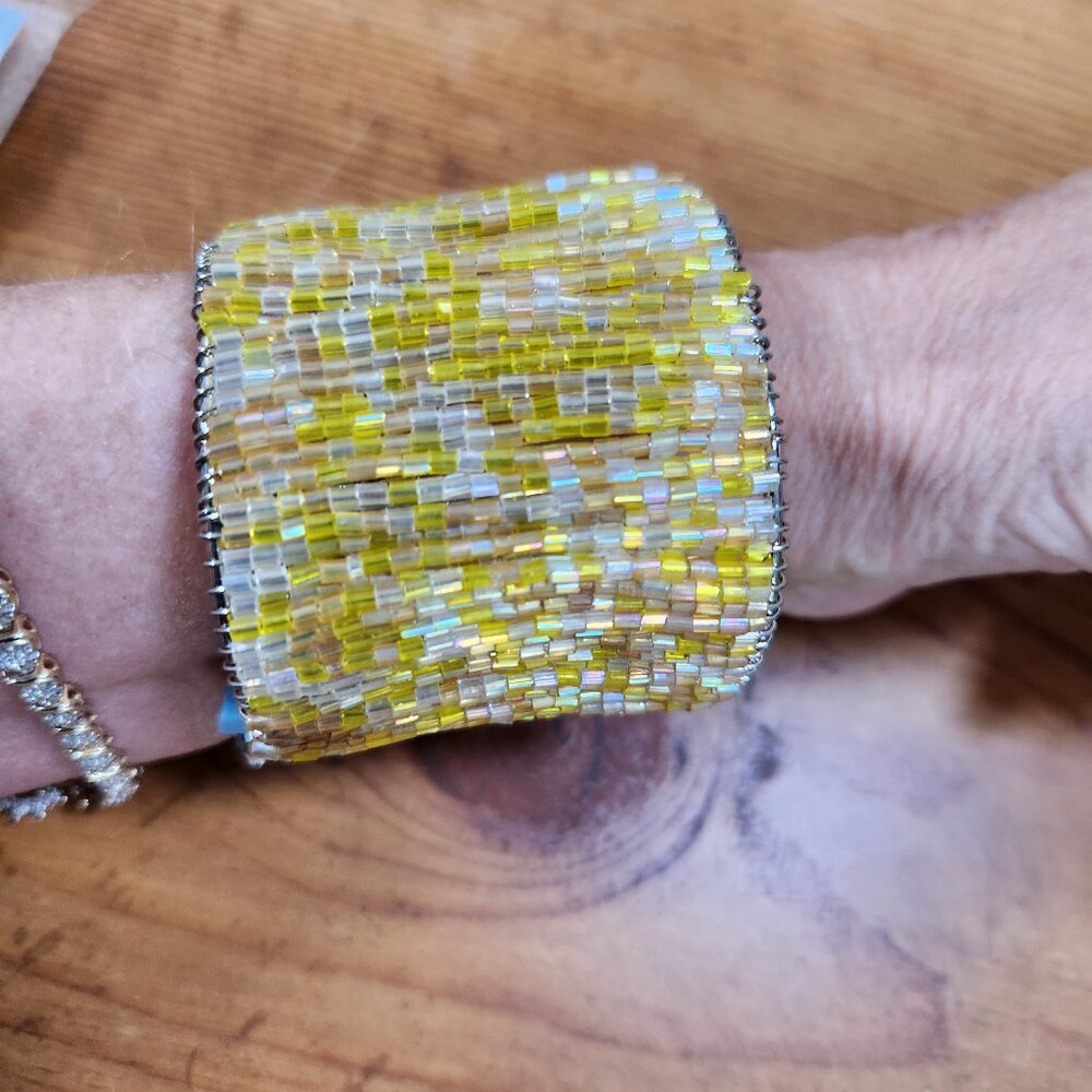 Vintage Retro Handmade Yellow Beaded Cuff Bracelet
